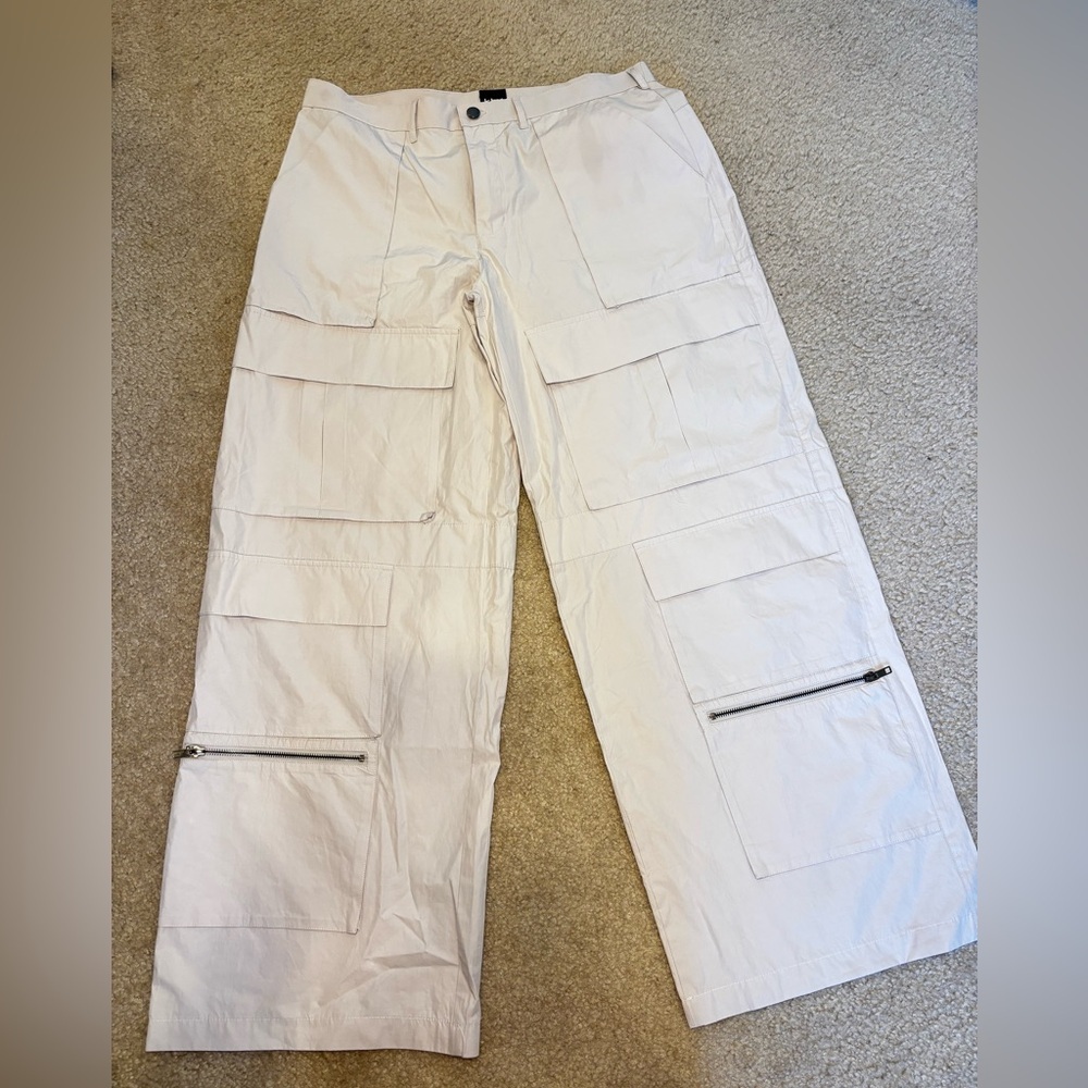 Khy Wide Leg Cargo Pants Beige Utility Zip Pocket High Rise Size M